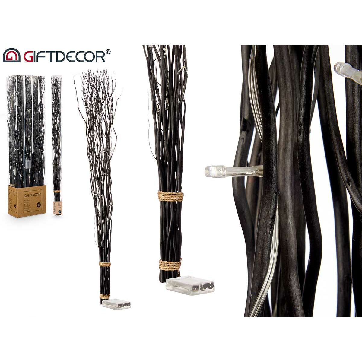 Ramilletes Gift Decor Negro Madera 7,5 x 120 x 7,5 cm Luz LED (8 Unidades)