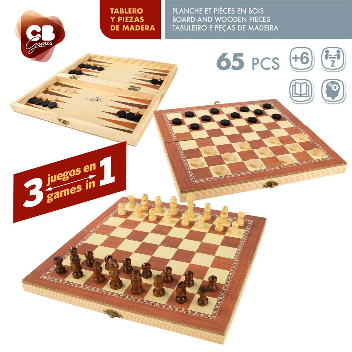 Tablero de Ajedrez y Damas CB Games Madera Backgammon (6 Unidades)