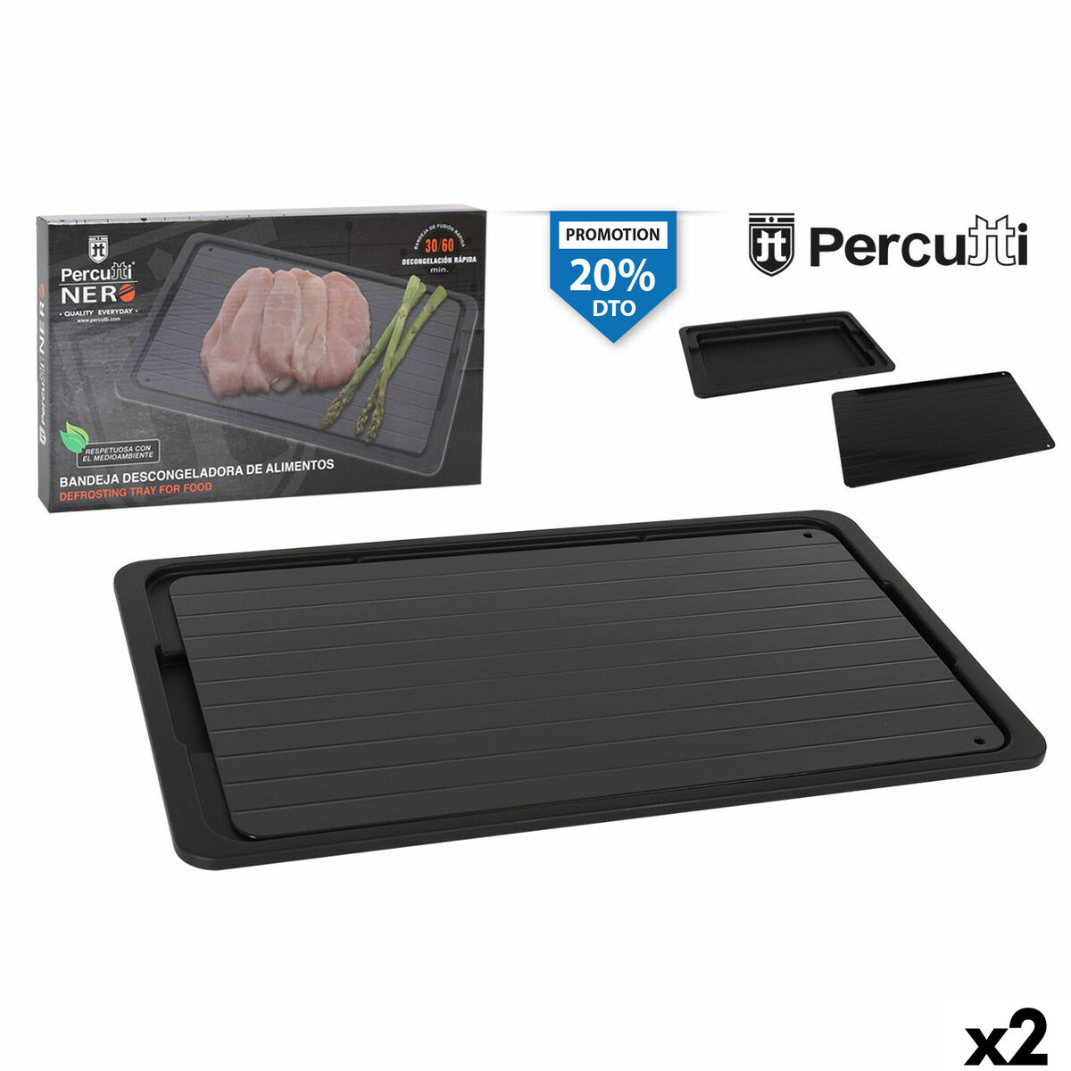 Placa de Descongelación Rápida de Alimentos Percutti   Negro 39 x 23 cm Función descongelar (2 Unidades)