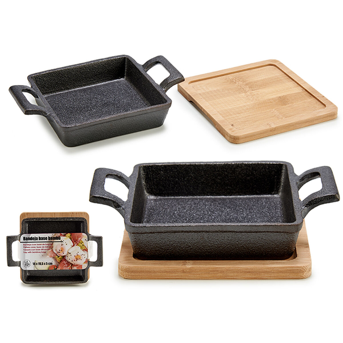 Cazuela para Servir Tapas Kinvara Marrón Negro Madera Bambú Hierro 19 x 5 x 14 cm 14 x 5 x 18,5 cm (12 Unidades)
