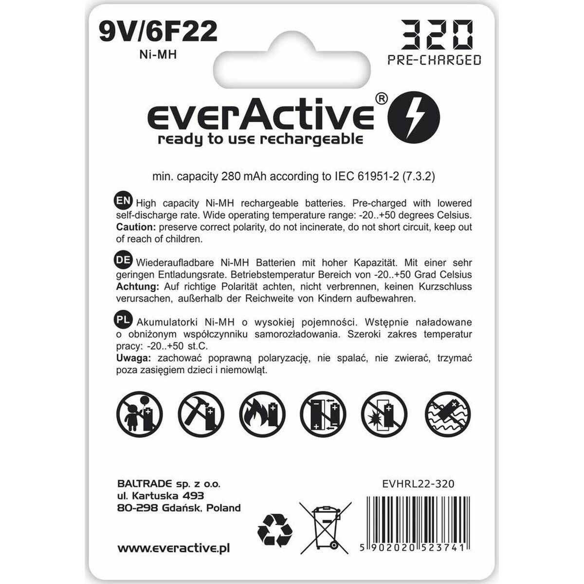 Pilas Recargables EverActive EVHRL22 320 mAh 9 V