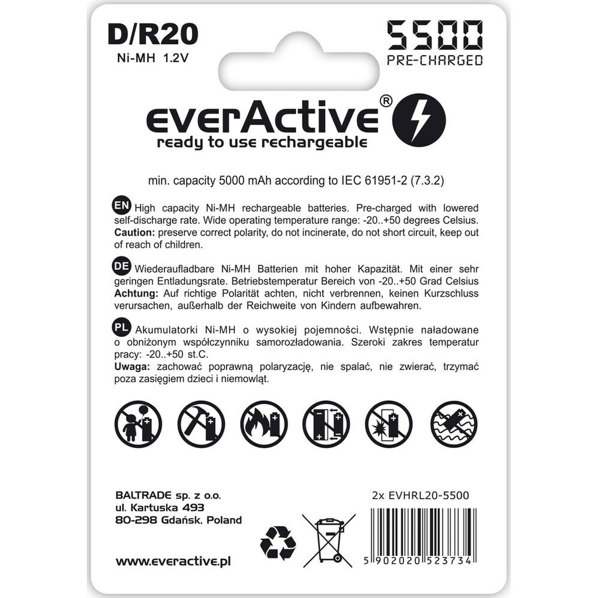 Batería recargable EverActive EVHRL20-5500 5000 mAh 1,2 V (2 Unidades)