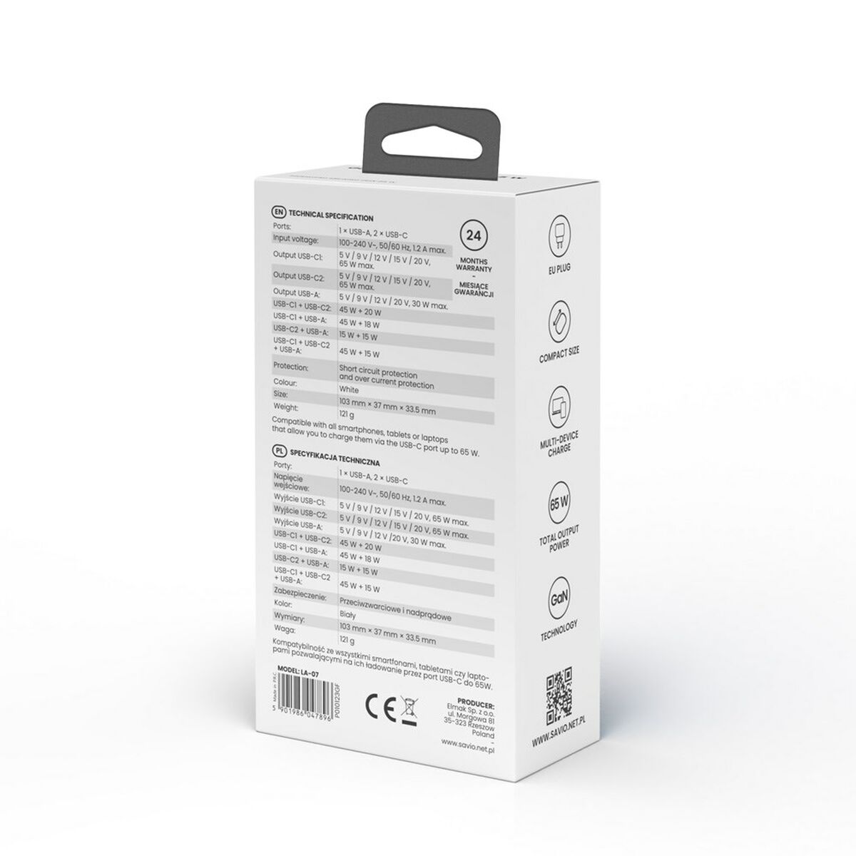 Cargador de Pared Savio LA-07 Blanco 65 W