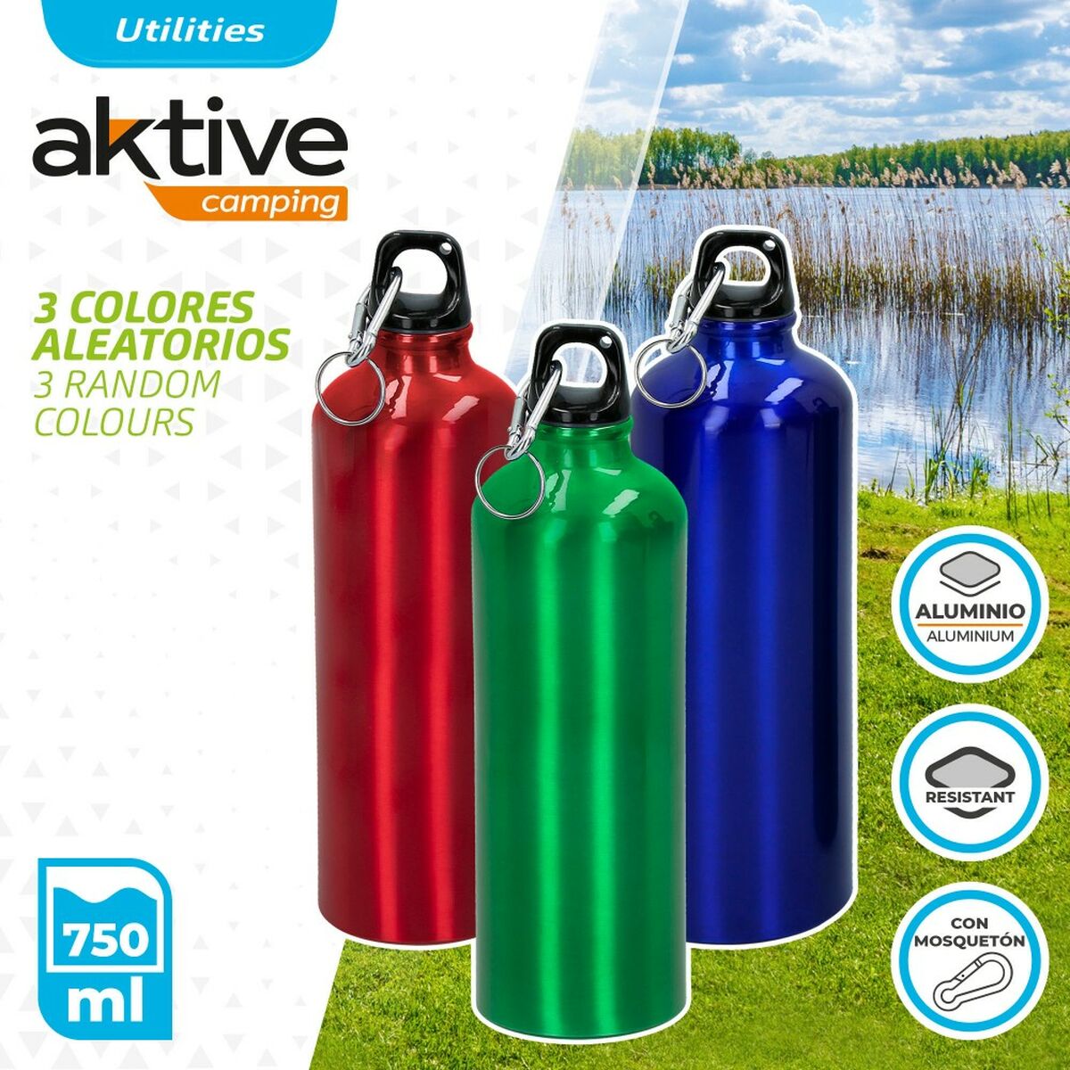 Botella de Agua Aktive 750 ml Mosquetón Aluminio 7 x 25 x 7 cm (24 Unidades)