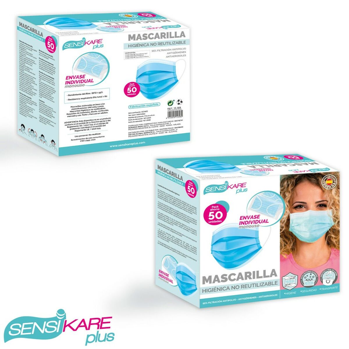 Caja de mascarillas higiénicas SensiKare 50 Piezas (12 Unidades)