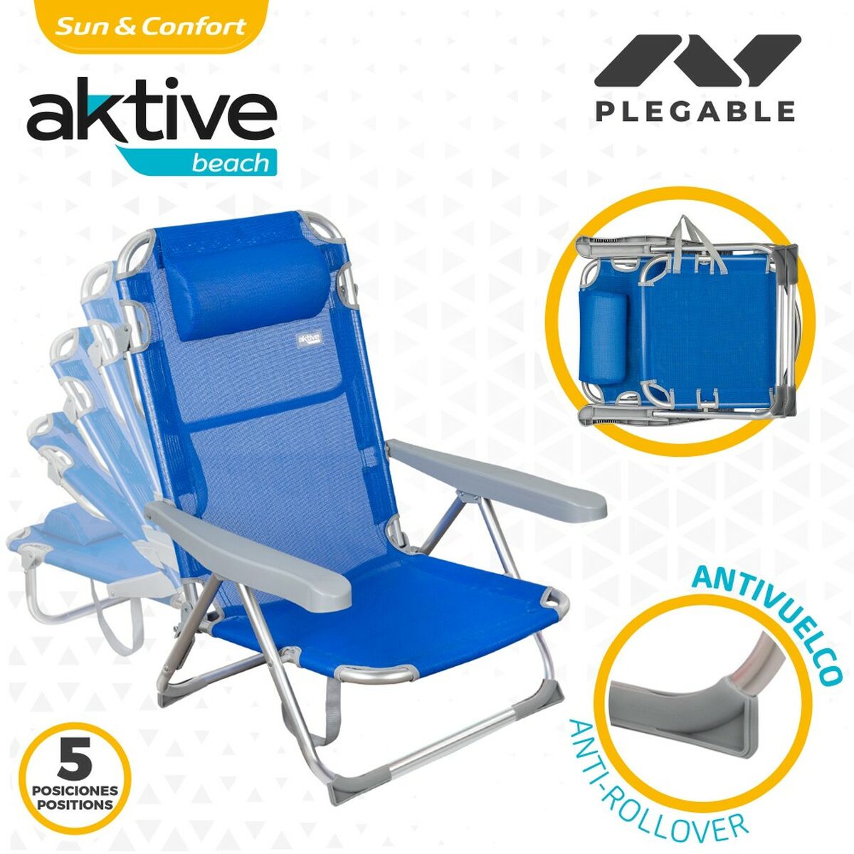 Silla de Playa Aktive Plegable Azul 48 x 90 x 60 cm (2 Unidades)