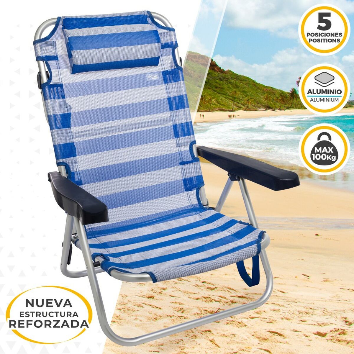 Silla de Playa Aktive Plegable Cojín Blanco Azul 48 x 84 x 46 cm (2 Unidades)