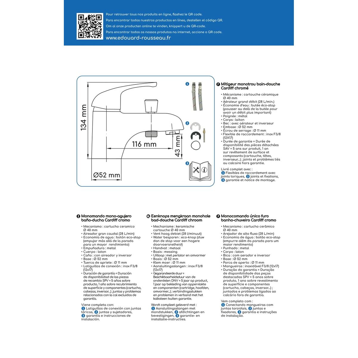 Grifo Monomando para ducha Rousseau Cardiff Chrome