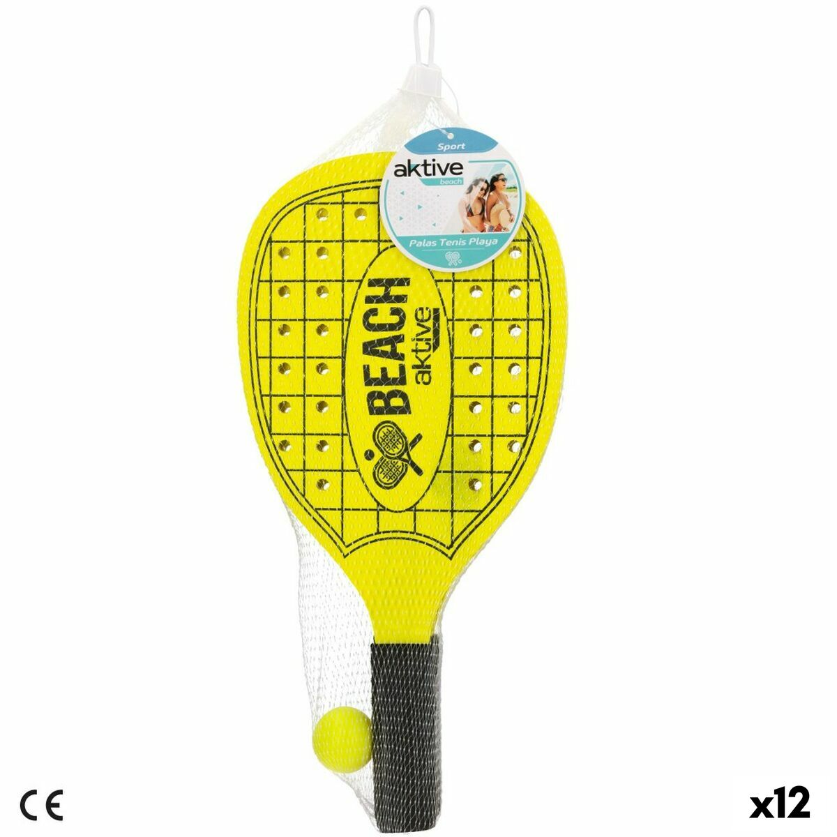 Palas de Playa con Pelota Aktive Neon Madera 20 x 40 cm (12 Unidades)