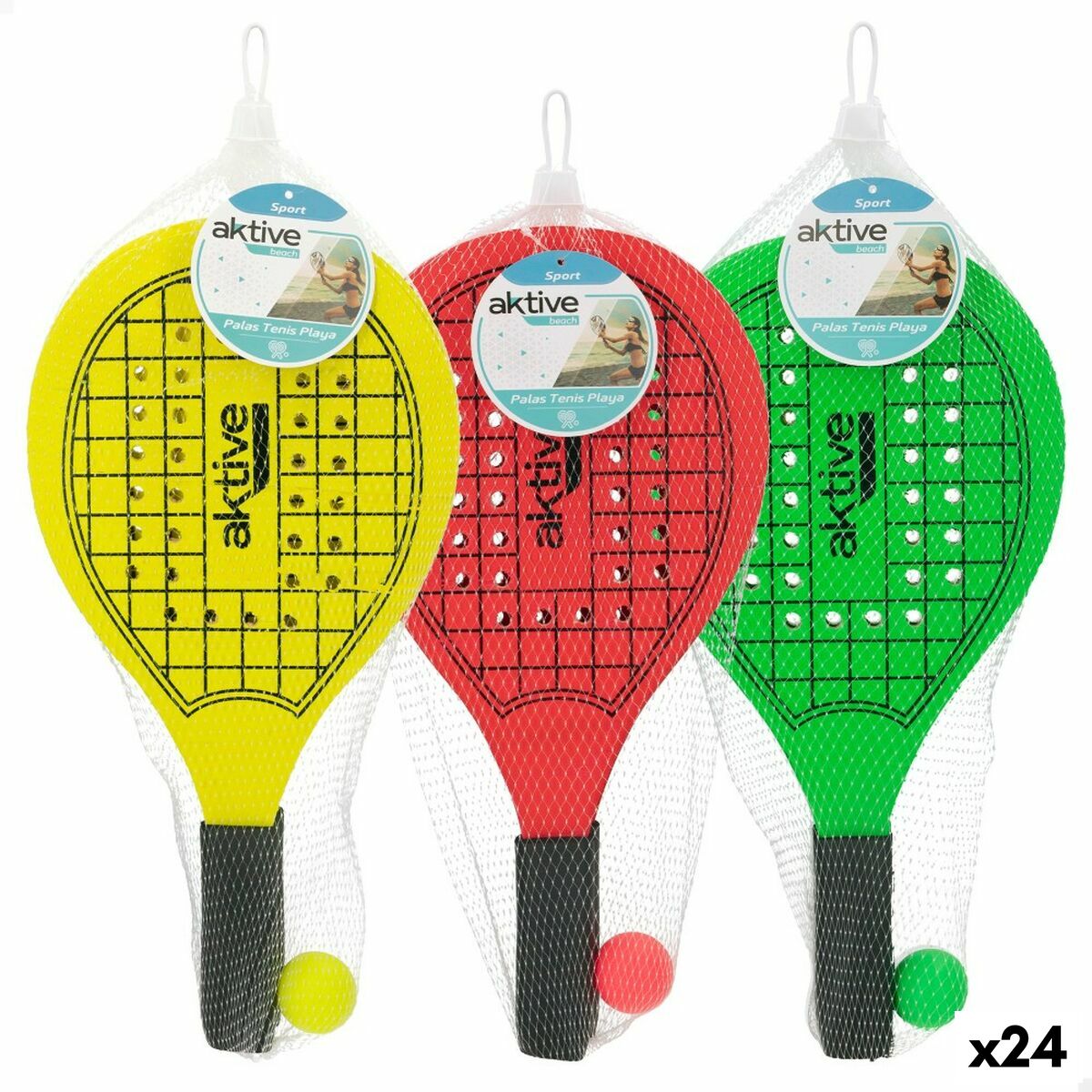 Palas de Playa con Pelota Aktive Madera 20,5 x 39,5 cm (24 Unidades)