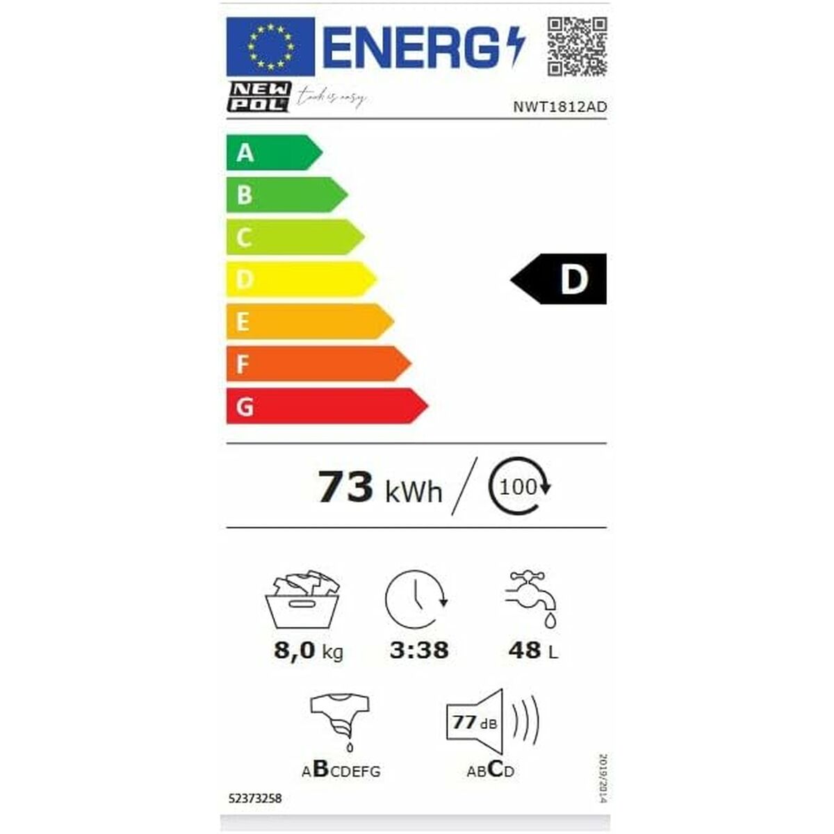 Lavadora NEWPOL NWT1812AD 59,7 cm 8 kg 1200 rpm