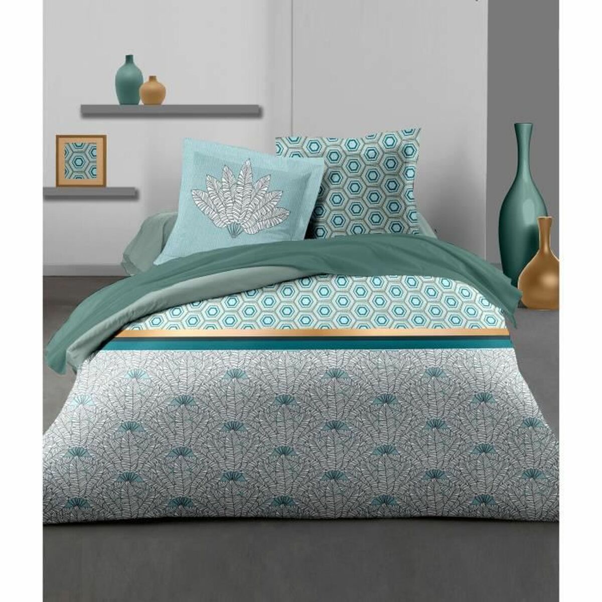 Juego de funda nórdica HOME LINGE PASSION Blanco Verde Verde Esmeralda Cama doble 240 x 260 cm