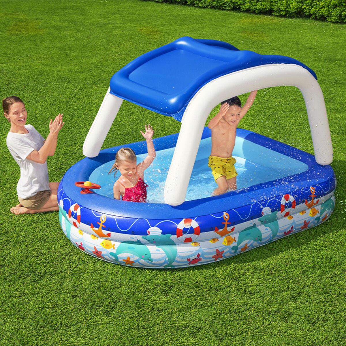 Bestway Piscina Hinchable Infantil Techo Desmontable Barco con Volante 213x155x132 cm +3 Años Jardin 54370