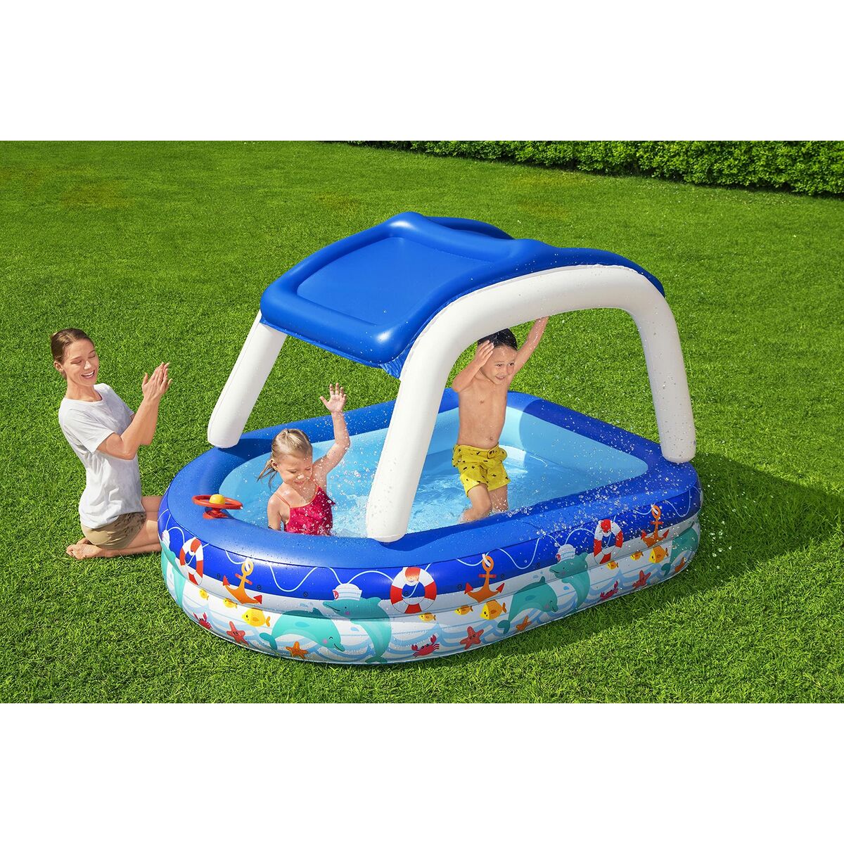 Bestway Piscina Hinchable Infantil Techo Desmontable Barco con Volante 213x155x132 cm +3 Años Jardin 54370