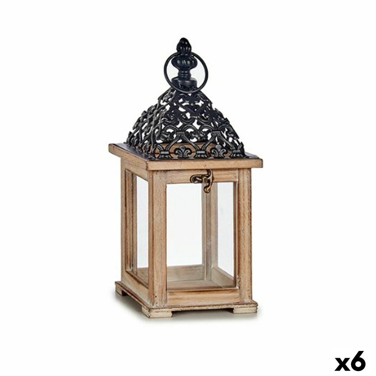Farol Gift Decor Negro Natural Madera Metal Cristal 13 x 29 x 13 cm Rejilla (6 Unidades)