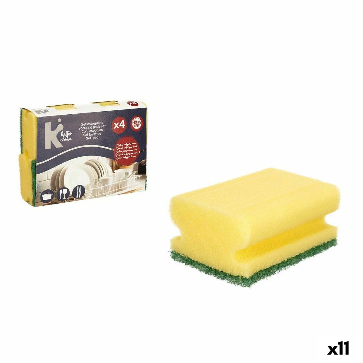 Set de Estropajos Amarillo Verde Poliuretano Fibra abrasiva 18 x 13 x 4,5 cm 4 Piezas (11 Unidades)