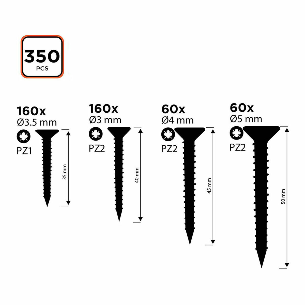 Kit de tornillos Black & Decker Pozidriv Madera 350 Piezas