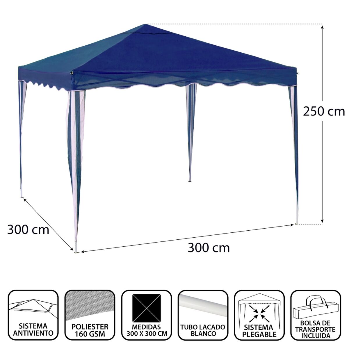 Pérgola Gazebo Acero 300 x 300 x 250 cm Azul