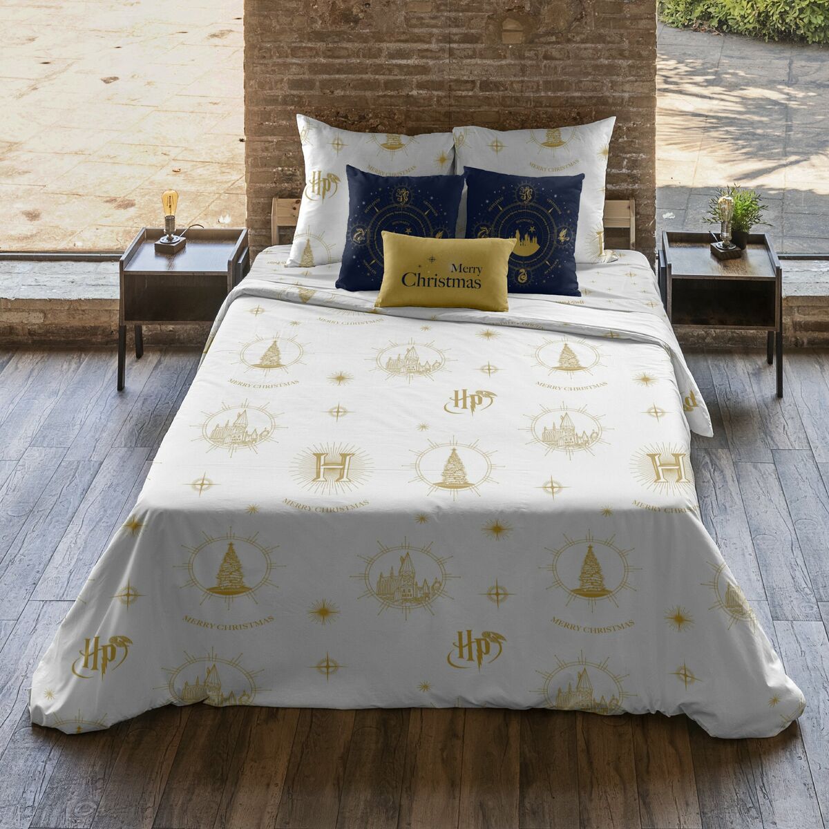 Funda Nórdica Harry Potter Hogwarts Gold Christmas Multicolor 175 Hilos 180 x 220 cm Cama de 105