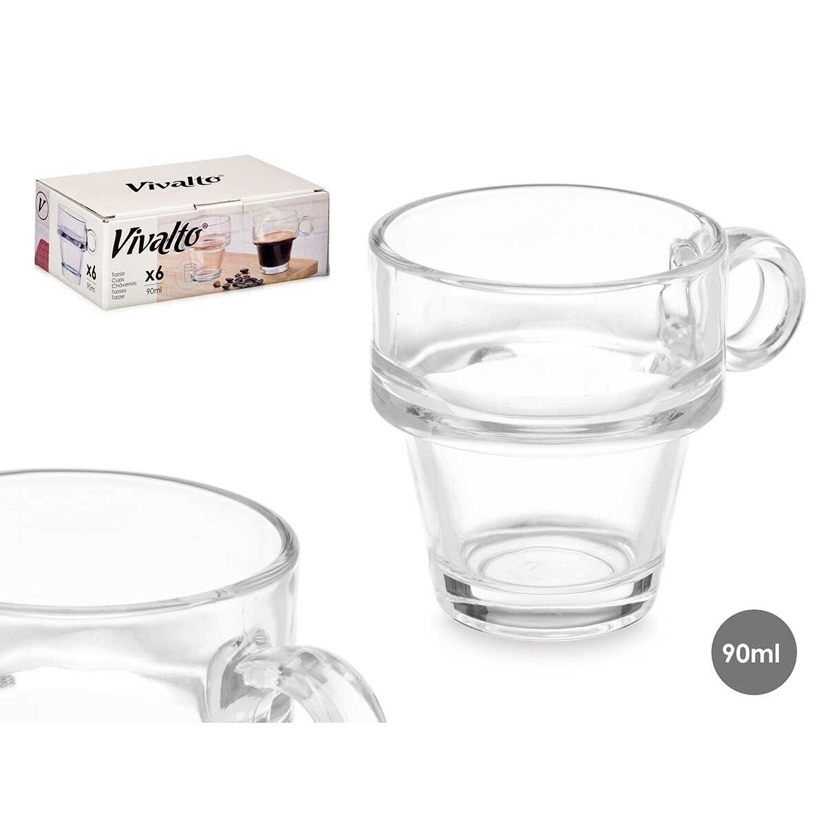 Juego de Tazas de Café Vivalto Transparente Vidrio 90 ml (6 Unidades)