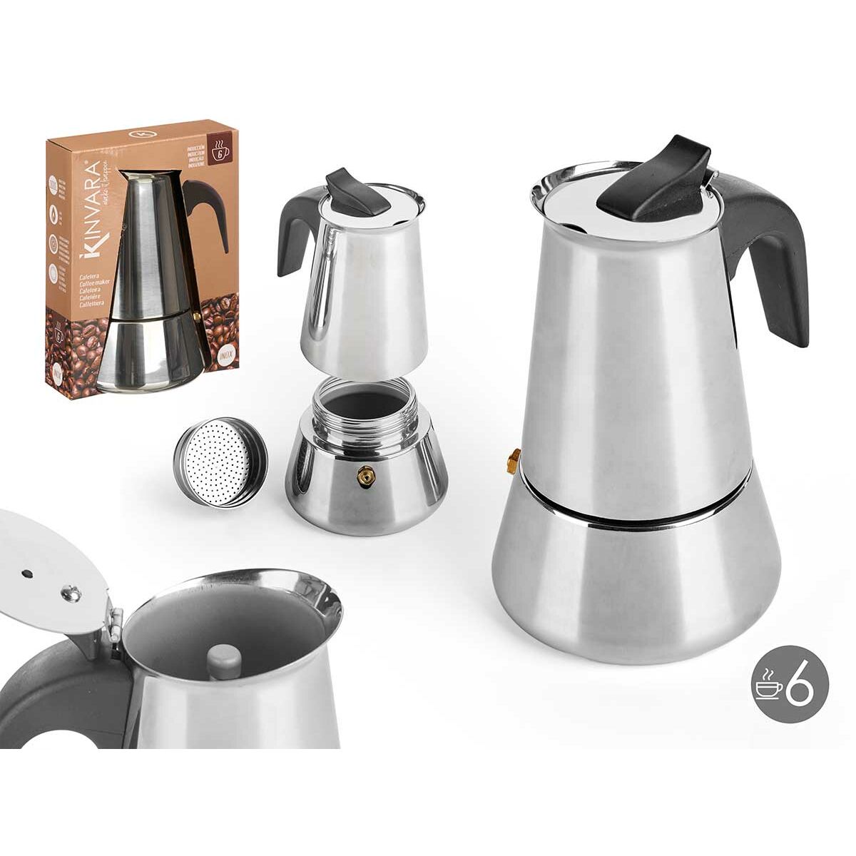 Cafetera Italiana Kinvara Negro Plateado Acero Plástico 6 Tazas