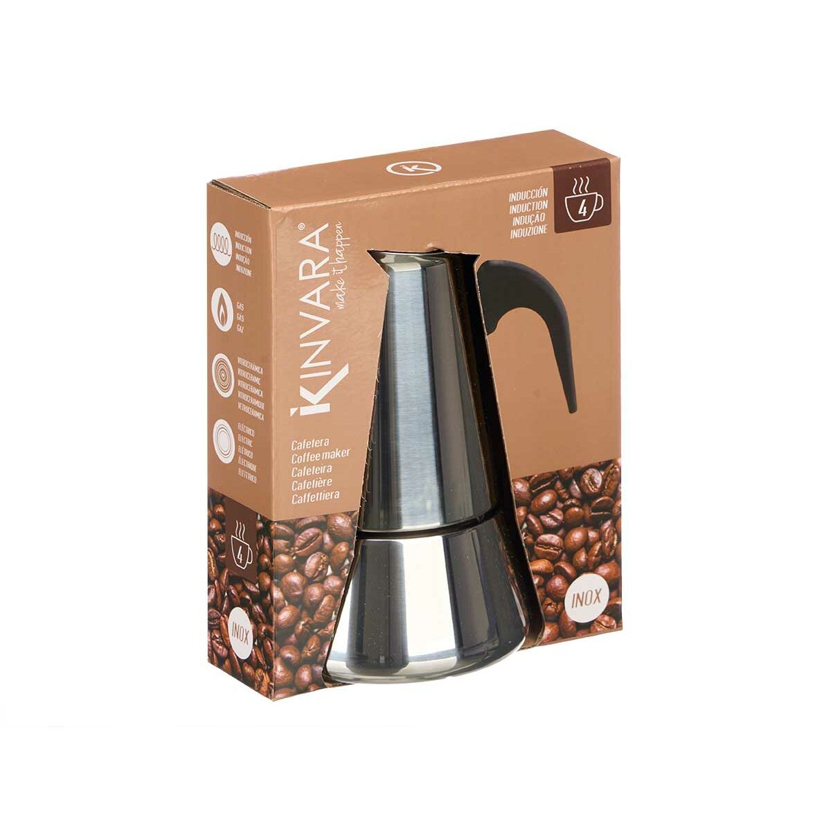 Cafetera Italiana Kinvara Negro Plateado Acero Plástico 4 Tazas