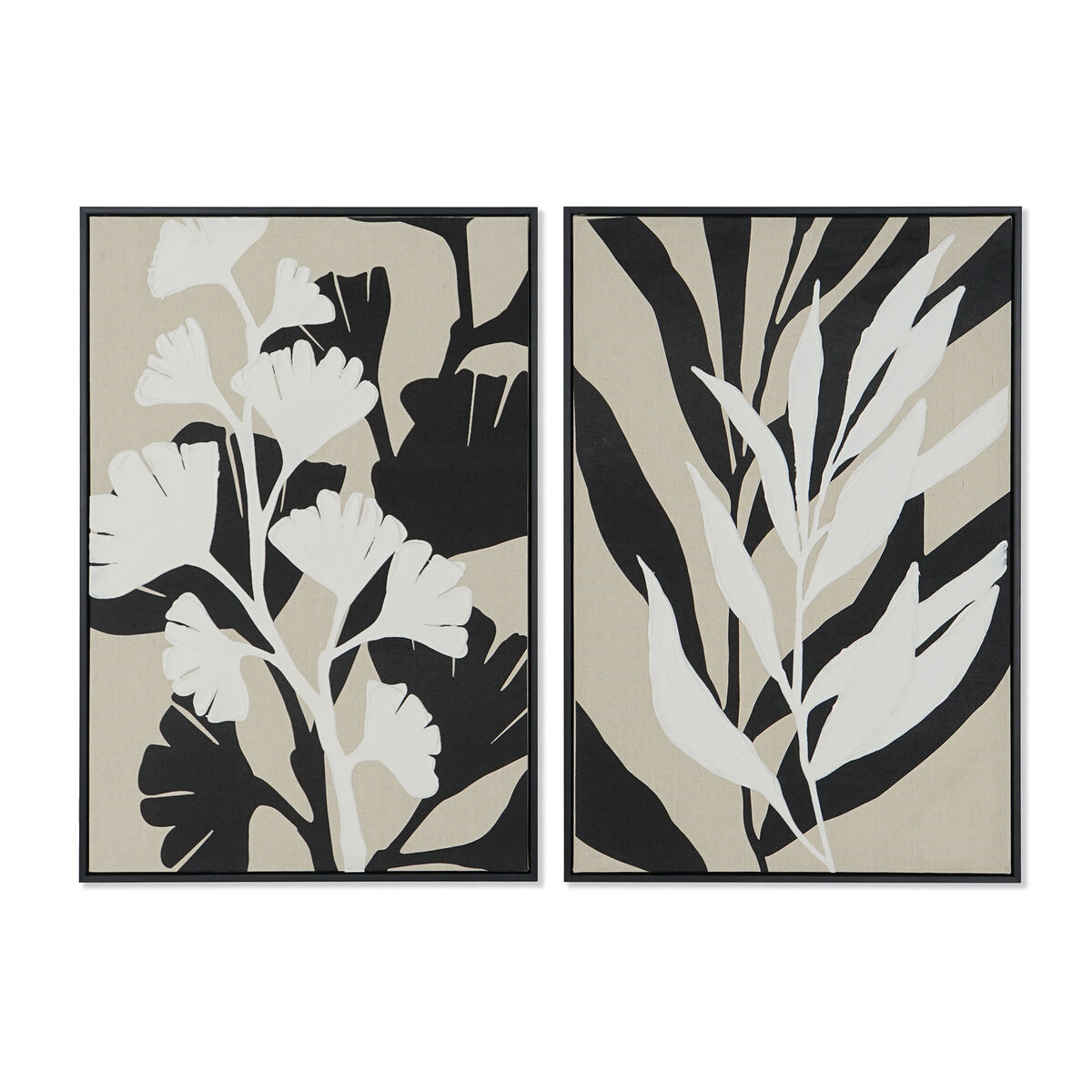 Lienzo Home ESPRIT Blanco Negro Beige Hoja de planta Urbano 63 x 4,3 x 93 cm (2 Unidades)