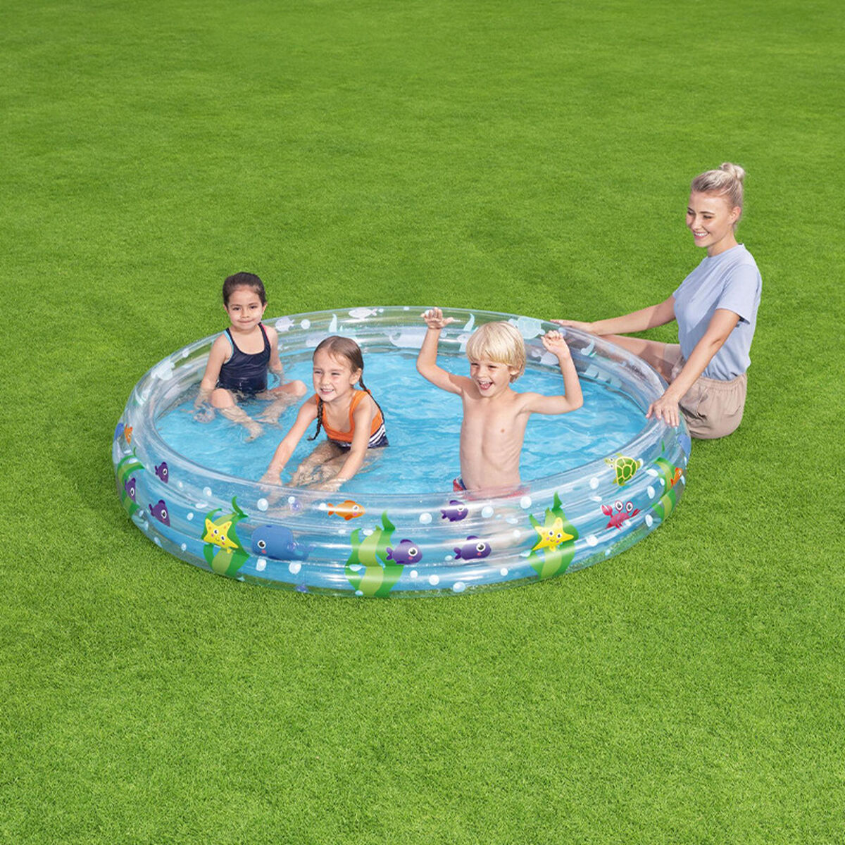 Bestway Piscina Hinchable Infantil 3 Aros Transparente Vida Marina 183x33 cm +2 Años Jardin 51005