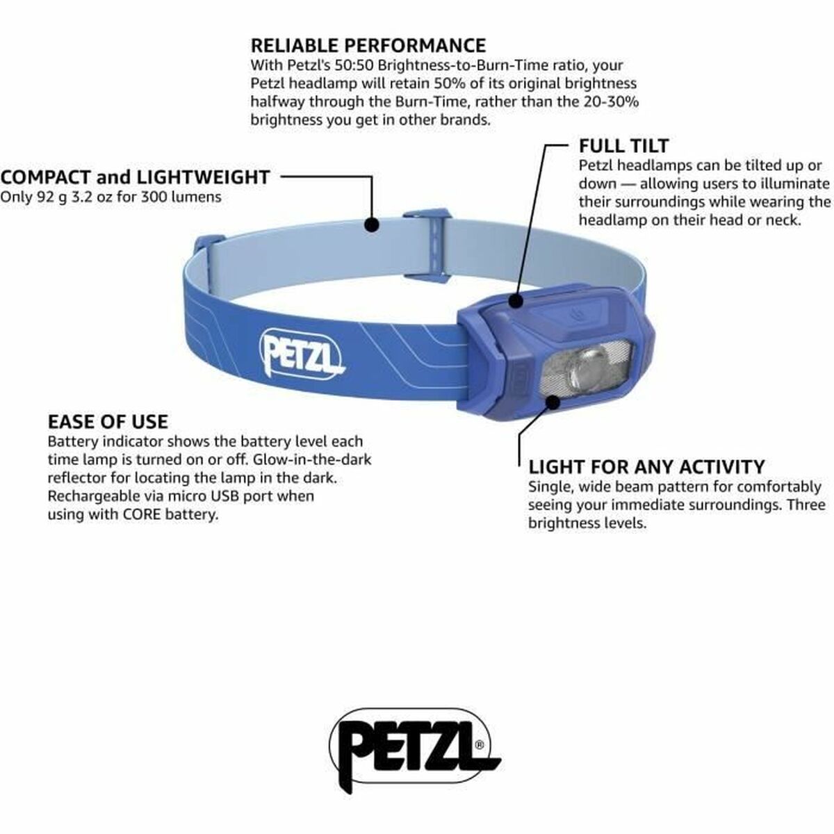 Linterna LED para la Cabeza Petzl E060AA01 Azul 300 Lm (1 unidad)