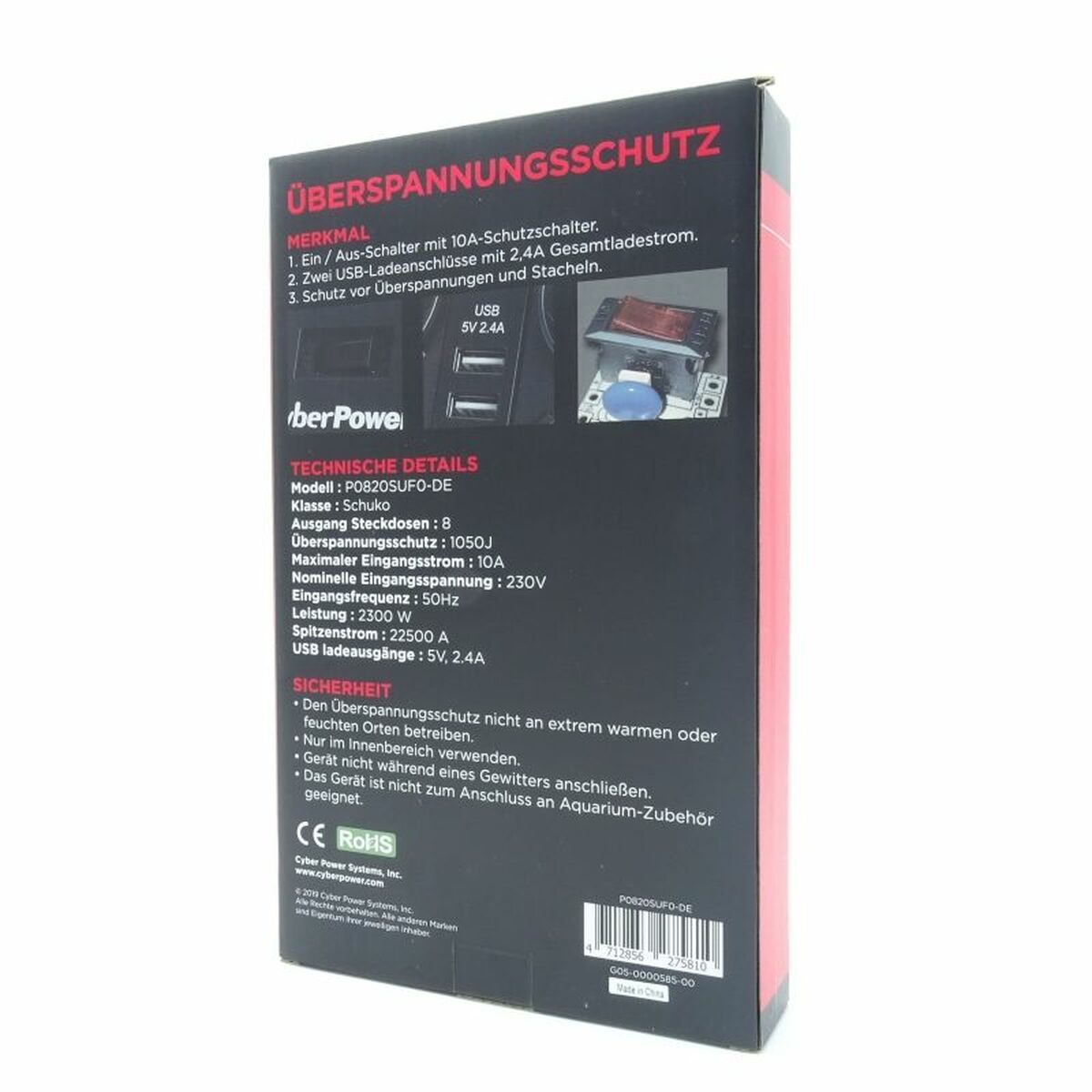 Regleta Enchufes 8 Tomas con Interruptor Cyberpower P0820SUF0-DE (1,8 m)