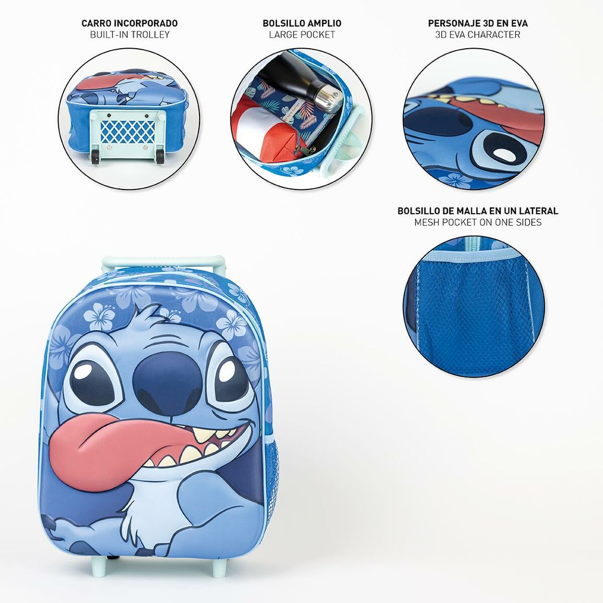 Mochila Escolar 3D con Ruedas Stitch