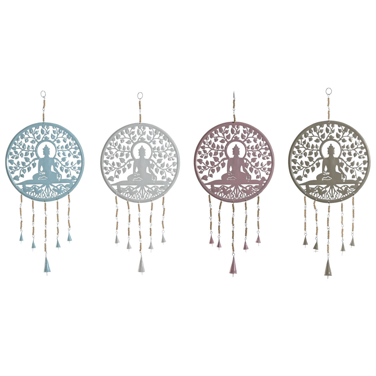 Decoración Colgante Home ESPRIT Azul Blanco Gris Rosa Hierro Árbol Buda Oriental 33 x 1 x 77 cm (4 Unidades)