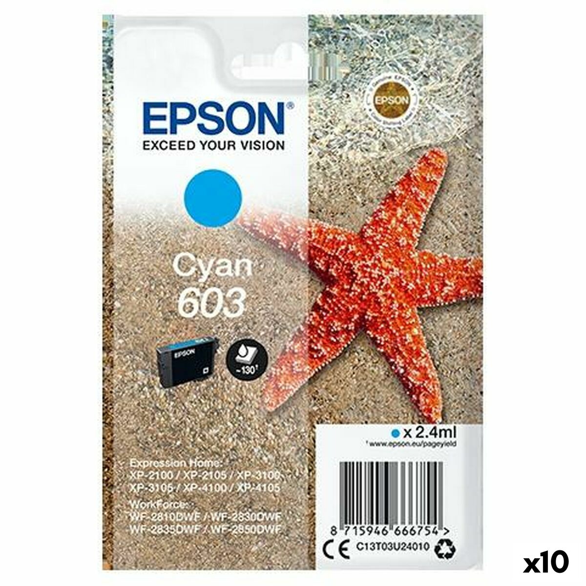 Cartucho de Tinta Original Epson XP-2100, 3100, 4100 / WF-2830DWF, 2850DW - Nº 603 Cian (10 Unidades)