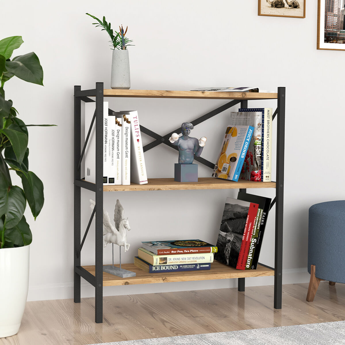 Librería Alexandra House Living Negro Roble Metal Madera MDP 66 x 85 x 34 cm industrial 3 Estantes